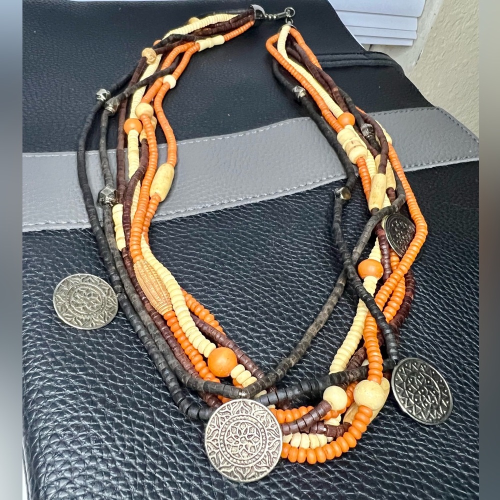 Vintage Multi Strand Wooden Beaded Coin Medallion Necklace 30”